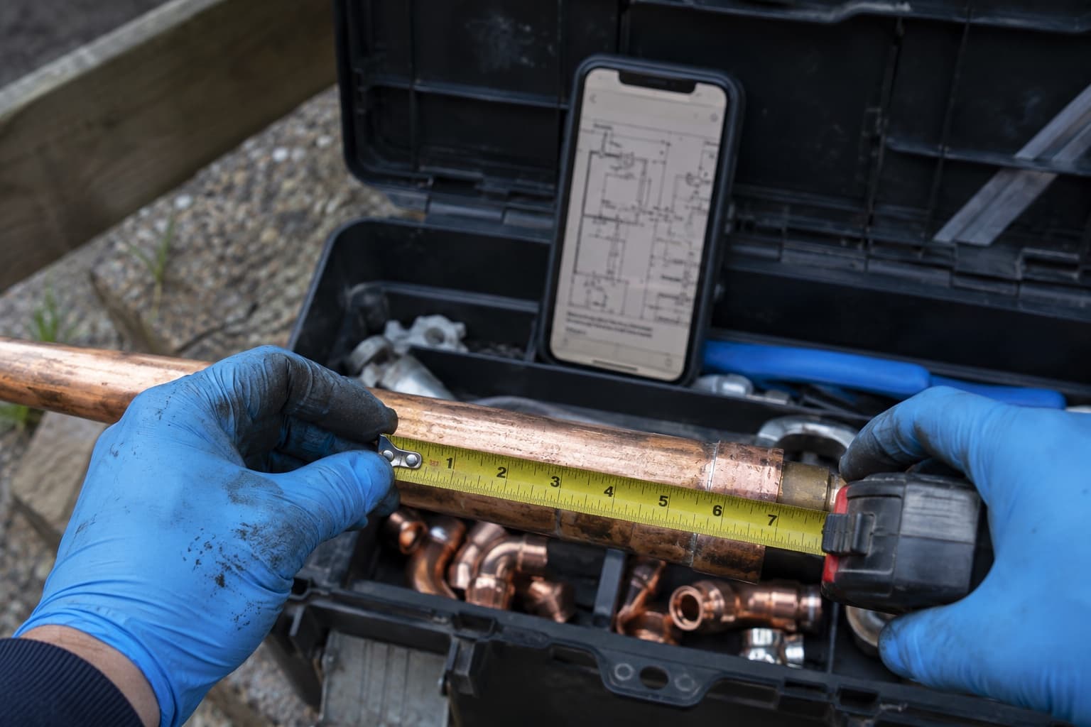 Tradesman in blue nitrile gloves measuring a copper pipe with a tape, phone in an open toolbox.